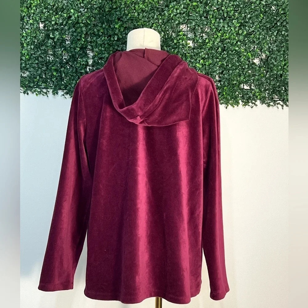 Susan Graver Velvet Burgundy Zip Up Hooded Sweater Jacket Cotton Size Large - Picture 5 of 13